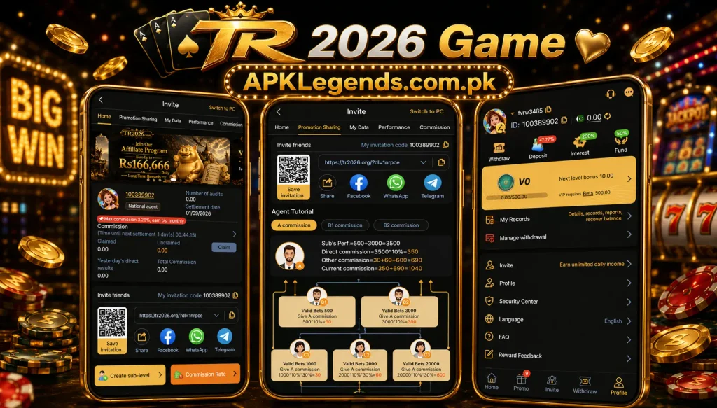 TR 2026 Game invite and profile screens with referral sharing, commission tracking, and account management