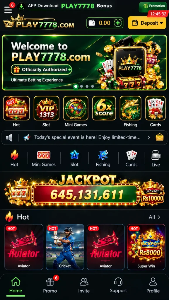 PLAY7778.com mobile gaming screen with promotions, jackpot, game cards, and navigation.