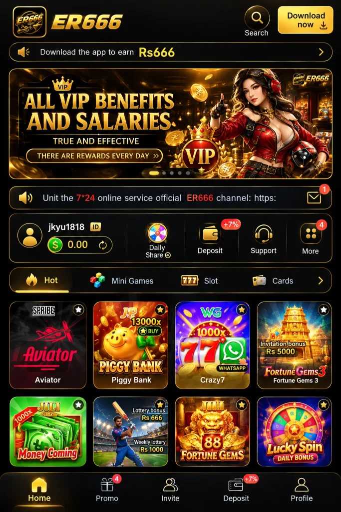 ER666 mobile gaming app home screen with VIP banner, game cards, categories, and bottom navigation.