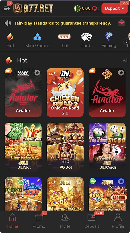 B77.BET homepage displaying game categories, featured games, deposit option, and navigation menu