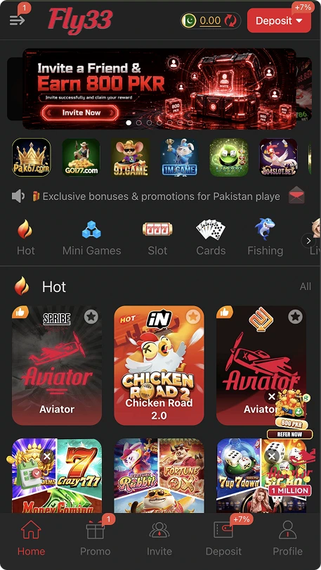 Fly33 Game home screen showing game categories, promotional banner, account balance, deposit button, and a grid of available games.