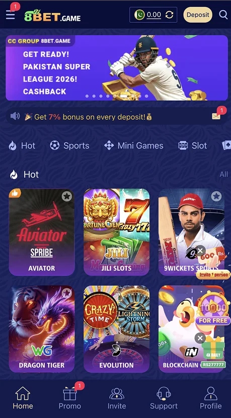 8BET Game app home screen showing sports, mini games, slots, and game listings