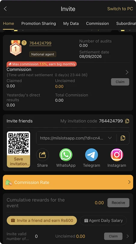 Mil.Win invite screen showing commission details, invitation code, QR code, referral link, and social sharing options.