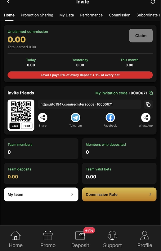 TD1947 Game invite screen showing commission details, invitation code, QR code, referral link, team statistics, and sharing options.