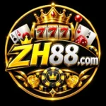 ZH88.com gaming logo featuring a golden crown, 777 symbol, playing cards, casino chips, and gold coins.