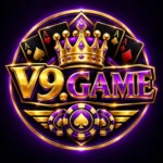 V9 Game logo with a golden crown, four playing cards, poker chips, and the V9 GAME name in gold lettering on a dark purple background.