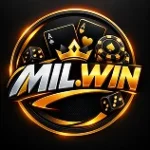 Mil.Win gaming app logo featuring the Mil.Win name with playing cards, a crown, casino chips, and a decorative emblem.