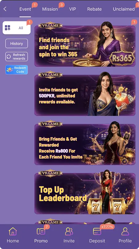 V9 Game promotional screen showing Event, Mission, VIP, Rebate, and Unclaimed sections with multiple promotional banners, referral rewards, and a Top Up Leaderboard offer.