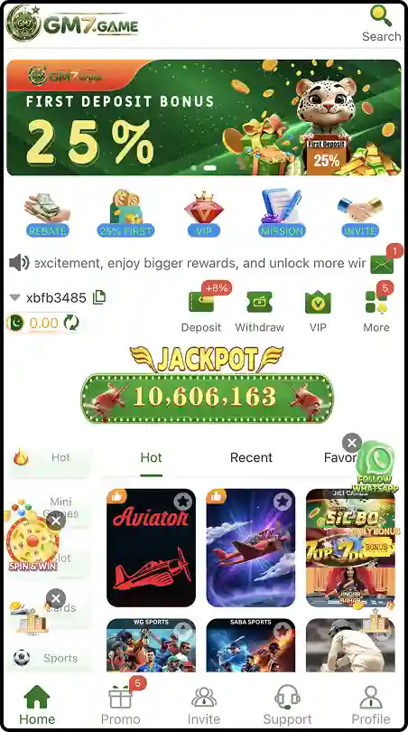 GM7 Game home screen displaying game categories, account balance, deposits, withdrawals, VIP rewards, promotions, and interactive games.