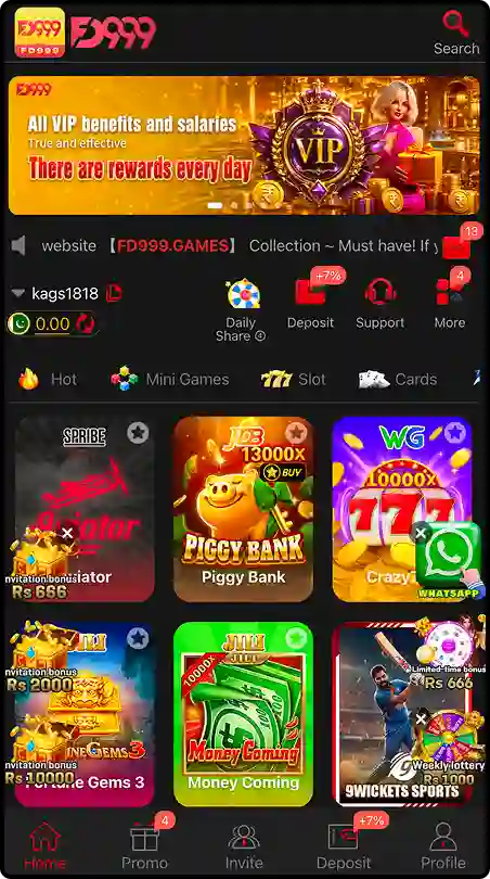 FD999 app home screen displaying game categories, featured games, daily rewards, deposit options, promotional offers, and user profile navigation