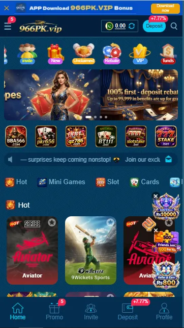 966PK game home page with game options and navigation controls.