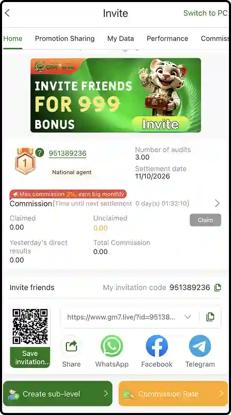 GM7 Game Invite screen featuring a green and gold bonus banner, user commission details, invitation QR code, referral link, and social sharing options.